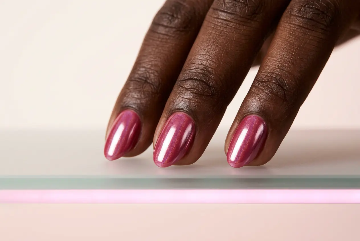 Close-up of three fingertips with glossy rose-pink chrome gel nails resting on frosted glass lit by a line of pink light