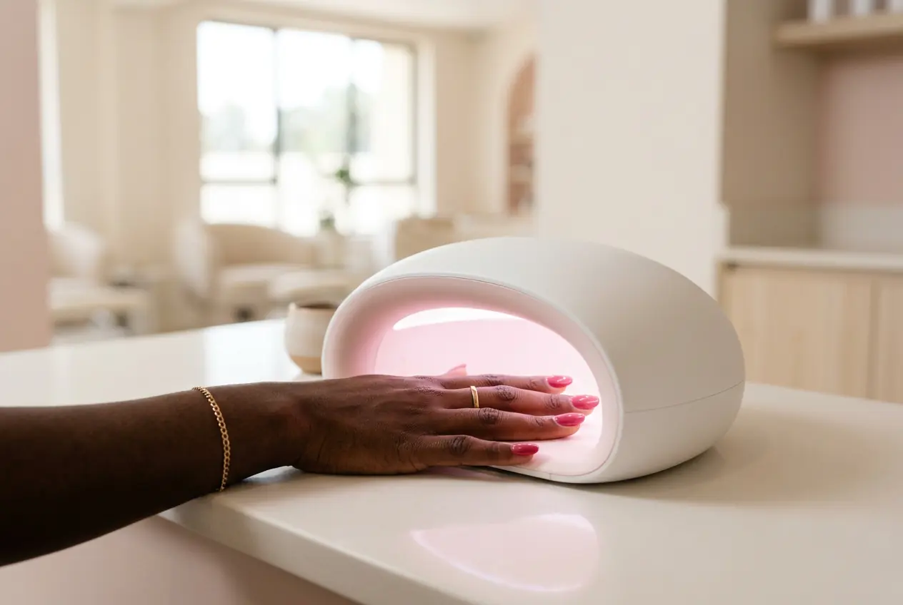 A hand with pink gel nails curing inside a sleek white LED lamp glowing pink in a bright Siriana salon